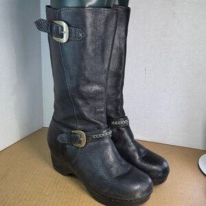 Sanita Womens Tall Black Leather Buckle Clog Zipper Boots, eu 38 / 8